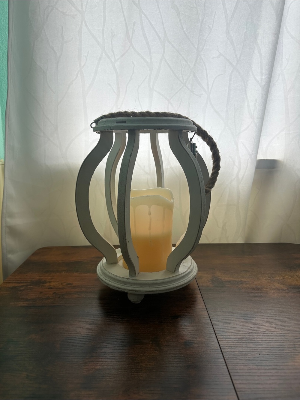 Charming Shabby Chic Distressed White Wooden Hanging Lantern with LED Candle